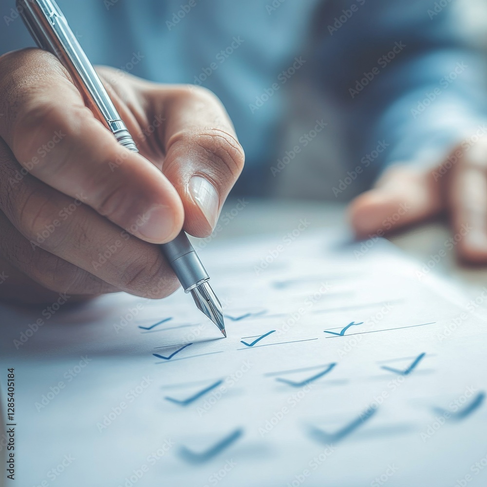 Poster Hand with a pen is marking check boxes on a list, completing tasks, finalizing work and keeping organized, business task management