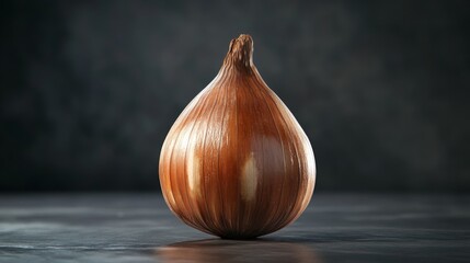 Obraz premium A detailed macro shot of a single shallot, showcasing its layers and textures, with soft lighting enhancing its natural colors against a dark backdrop