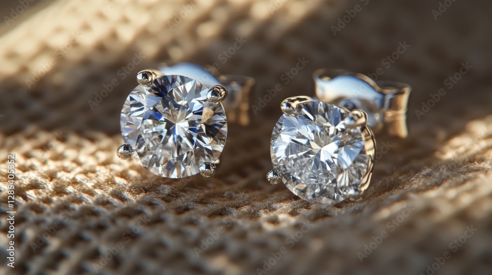 Leinwandbilder a detailed macro view of a pair of classic diamond earrings resting on a textured surface, with soft