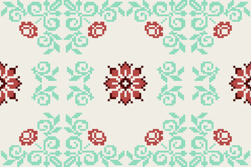 Floral pixel art pattern.Ikat embroidery Ethnic oriental Pixel pattern red christmas day background. carpet,wallpaper,clothing,wrapping,Batik,fabric,Vector illustration.floral samless pattern,abstract