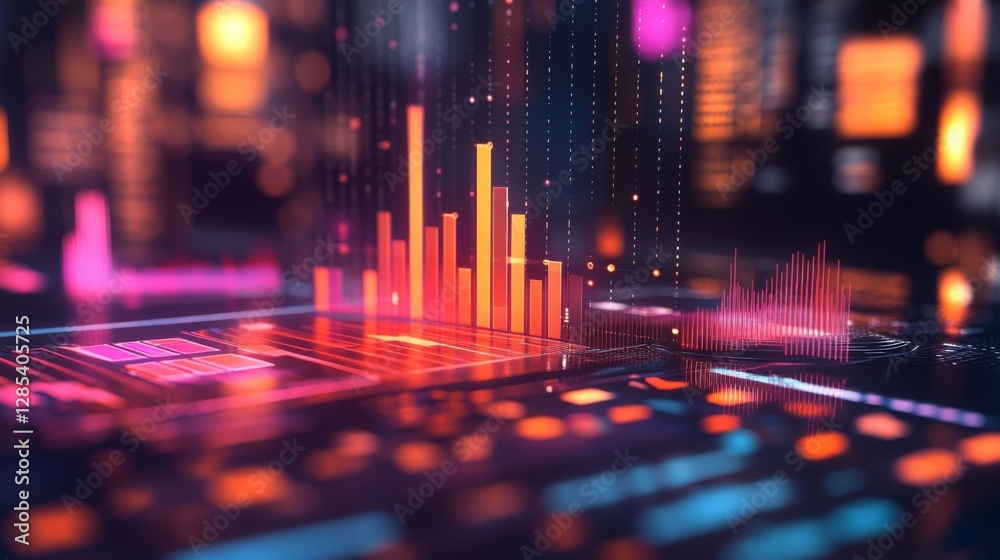 Poster a dynamic d bar chart with translucent bars in different heights, hovering over a futuristic financi