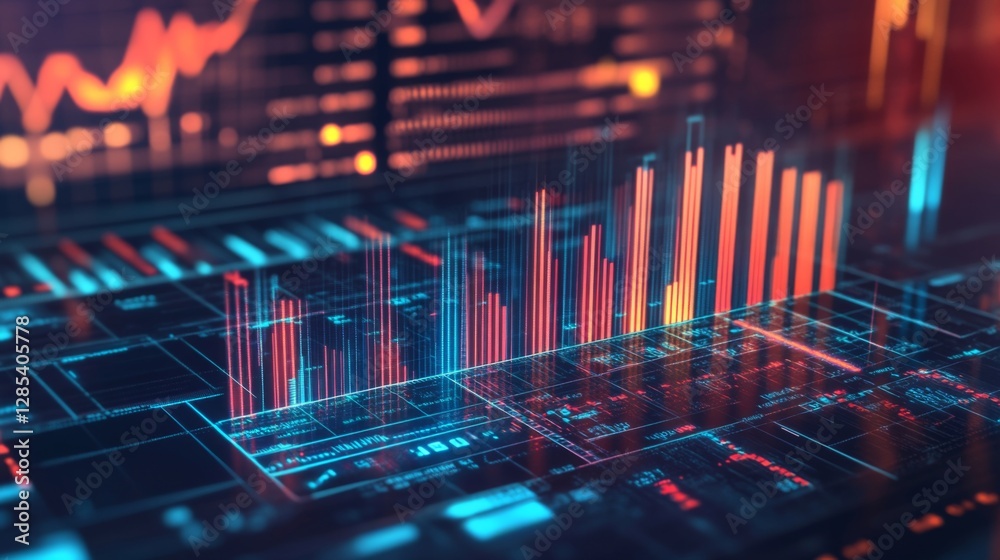 Poster A dynamic D bar chart with translucent bars in different heights, hovering over a futuristic financial dashboard with glowing elements