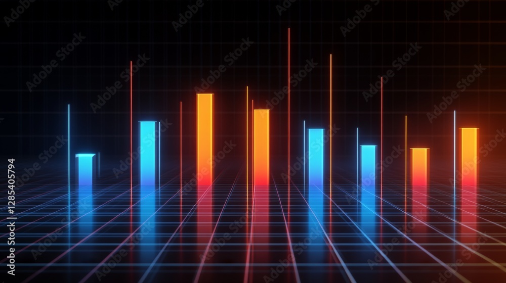 Poster a dynamic bar graph with tall, shiny bars in blue and orange, standing on a reflective grid, symboli