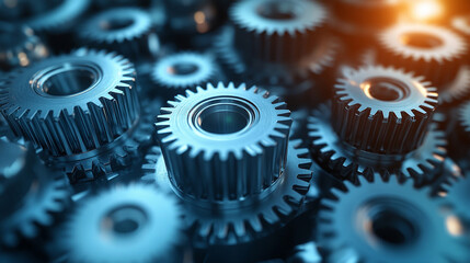 Close-up of interconnected metal gears symbolizing teamwork efficiency and precision Dark gray metallic gears interlock in a complex system representing industry mechanics synergy and collaboration
