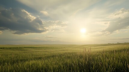Golden hour sunlight illuminates tranquil field of tall grass in the countryside