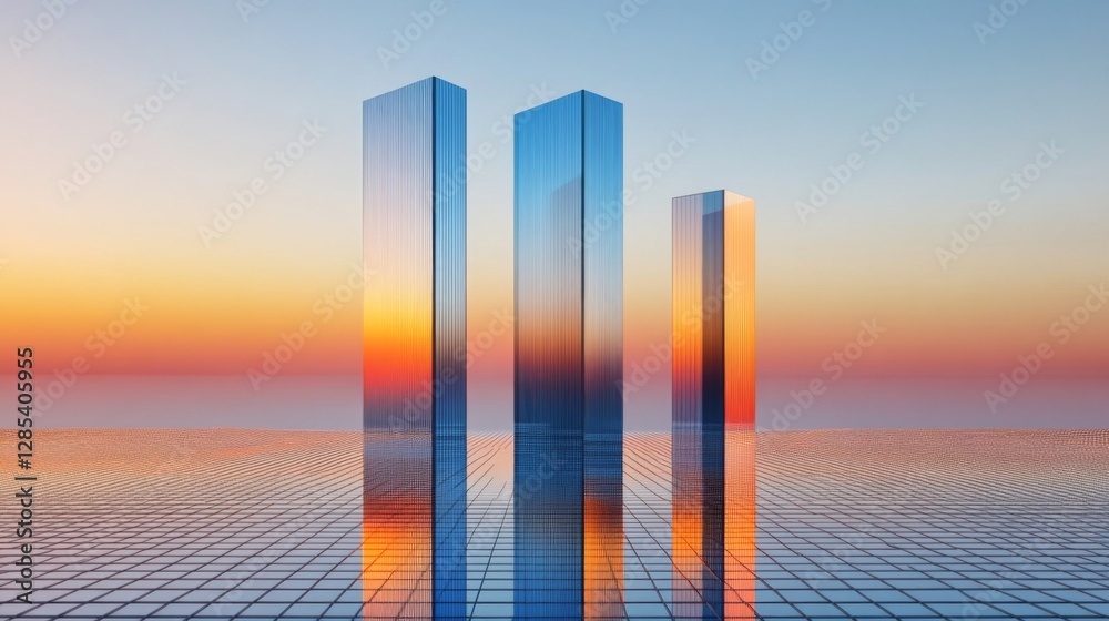 Poster a dynamic bar graph with tall, shiny bars in blue and orange, standing on a reflective grid, symboli
