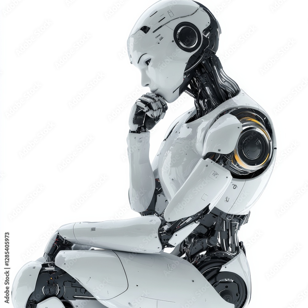 Poster Pensive Android: A Sleek White Robot Deep in Thought on a White Background, Contemplating Future AI Innovations