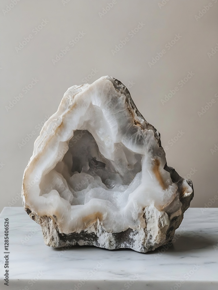 Poster stunning geode stone displayed on elegant white marble background : generative ai
