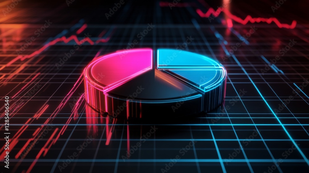 Aufkleber a futuristic d pie chart with floating segments, each glowing with neon lights, set against a dark g