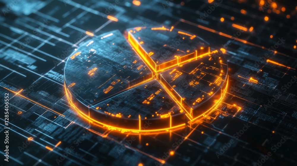 Aufkleber a futuristic d pie chart with floating segments, each glowing with neon lights, set against a dark g