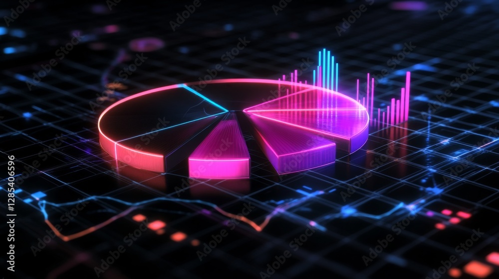 Aufkleber a futuristic d pie chart with floating segments, each glowing with neon lights, set against a dark g