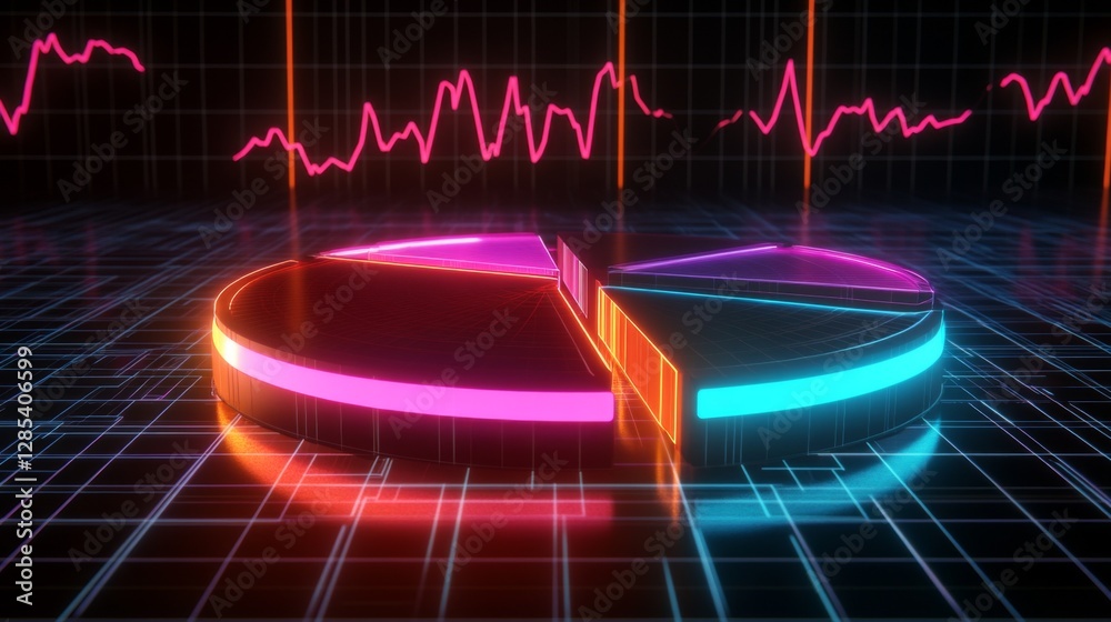 Aufkleber a futuristic d pie chart with floating segments, each glowing with neon lights, set against a dark g