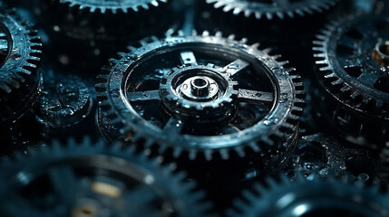 Close-up of interconnected metal gears symbolizing teamwork efficiency and precision Dark gray metallic gears interlock in a complex system representing industry mechanics synergy and collaboration
