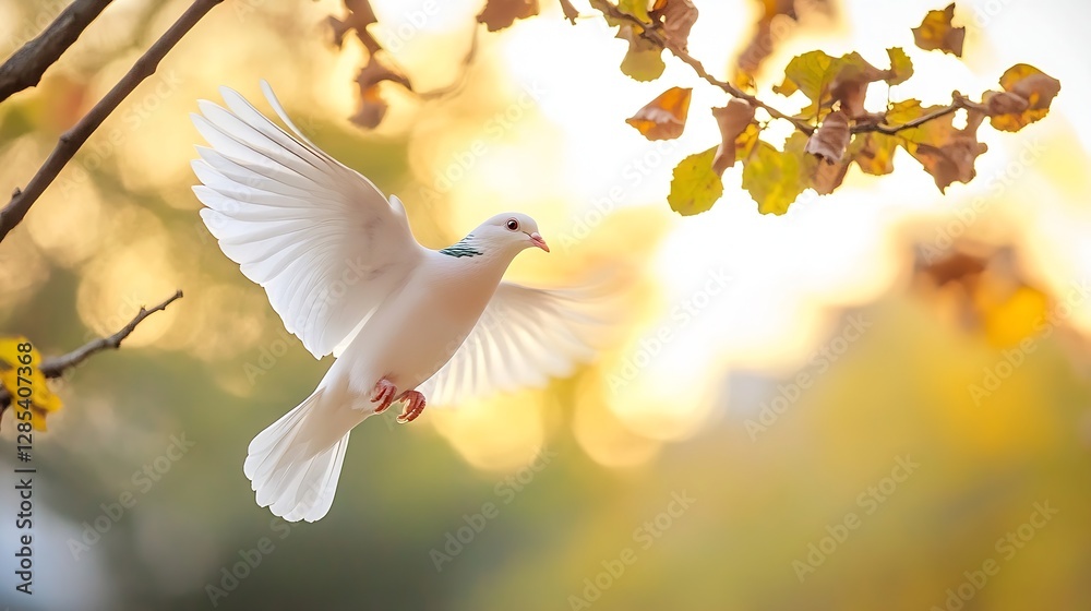 Poster Beautiful White Dove in Flight Against a Soft Sunset Background with Leaves : Generative AI
