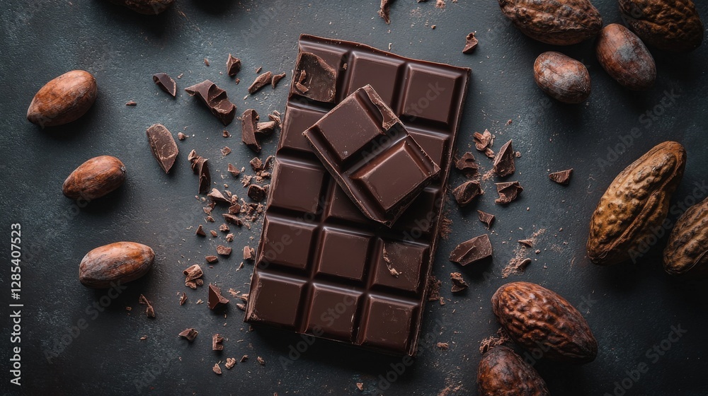 Poster A high-angle view of a chocolate bar broken into pieces, with whole cocoa beans and cocoa pods artfully placed around it for contrast
