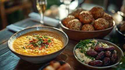 A warm and inviting Ramadan table set with dishes of lentil soup, falafel, and hummus, a bowl of fruit and dates beside it 