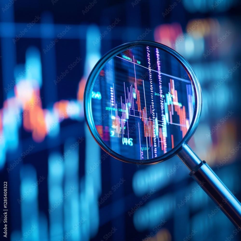 Aufkleber a magnifying glass focusing on a fluctuating stock price graph with financial numbers