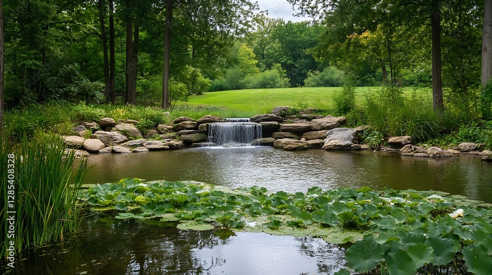 Poster serene waterfall surrounded by lush greenery in peaceful park setting : generative ai