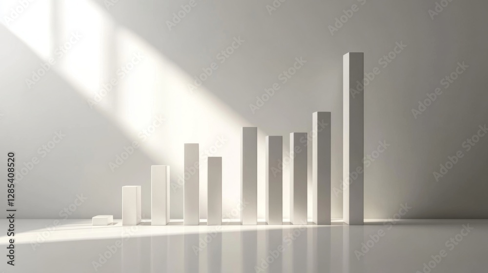 Poster A minimalist bar chart with smooth, matte-finished bars arranged in descending order, with soft shadows and a clean, white background for a professional look