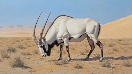 Naklejka premium An Arabian oryx grazing on sparse desert vegetation, its elegant features and thick coat highlighted against the harsh desert landscape.