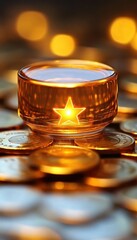 Illuminated star inside a glass on a pile of coins.  Golden light and bokeh background.