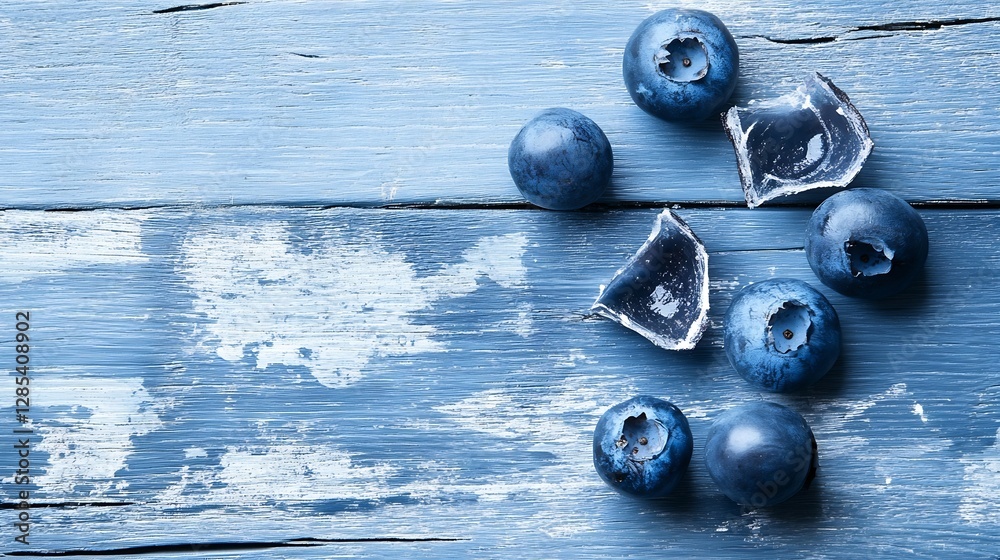 Poster Fresh Blueberries scattered on weathered wooden surface with a rustic feel and vibrant color : Generative AI