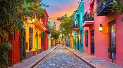 Fototapeta premium A picturesque view of a cobblestone street illuminated by vintage street lamps, with colorful buildings lining the sides, creating a warm and inviting nighttime atmosphere