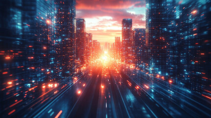 Fototapeta premium A futuristic neon hologram interface displays a conceptual blueprint for modern residential construction, symbolizing innovation, smart technology, and the future of urban architecture