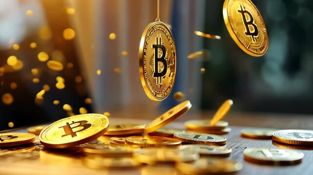 gold bitcoins falling down on table with glitter glow light 