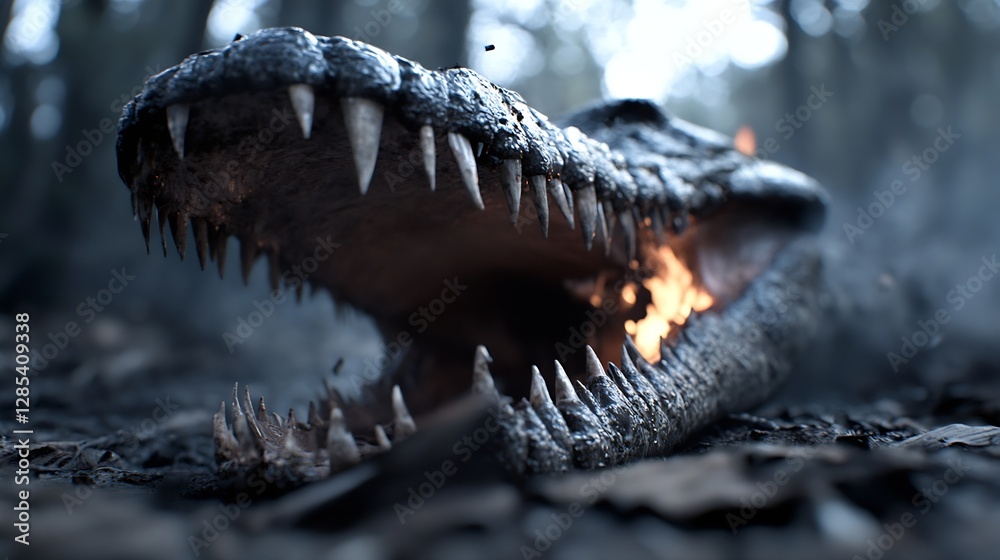 Poster Crocodile Head Showing Sharp Teeth with Smoke Background in Dark Forest : Generative AI