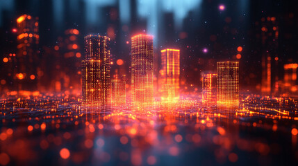 Naklejka premium A futuristic neon hologram interface displays a conceptual blueprint for modern residential construction, symbolizing innovation, smart technology, and the future of urban architecture