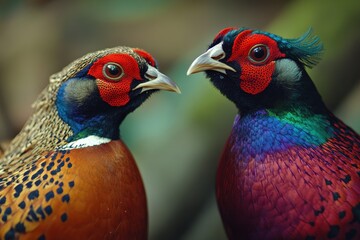 Male and female common pheasant in vibrant colors displaying courtship behaviors in a natural setting, Common pheasant Phasianus colchicus female and male in the wild Slow motion