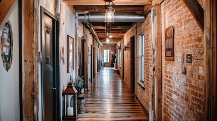A rustic hallway showcasing exposed brick walls, wooden beams, and charming decorative elements like lanterns and vintage signs, evoking a warm, homey feel