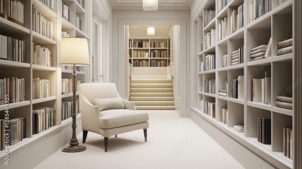 Aufkleber a serene hallway lined with bookshelves, soft lighting, and a comfortable reading nook at the end, c