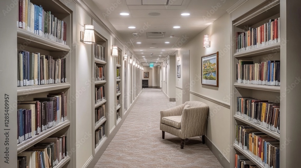Aufkleber a serene hallway lined with bookshelves, soft lighting, and a comfortable reading nook at the end, c