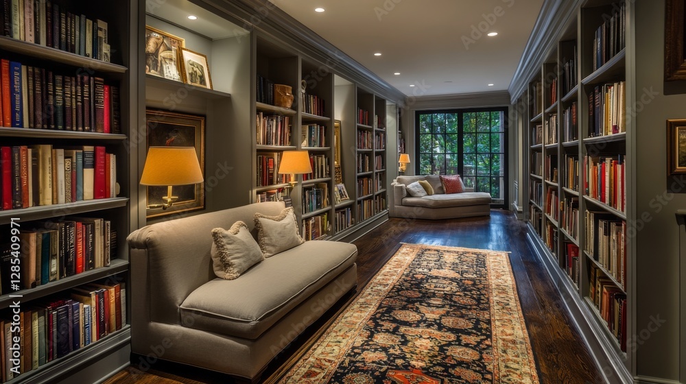 Aufkleber a serene hallway lined with bookshelves, soft lighting, and a comfortable reading nook at the end, c