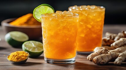 Fototapeta premium Iced turmeric ginger drink on wooden table with spices