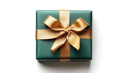 A green gift box wrapped in luxurious gold ribbon and tied with an elegant bow, perfectly centered on a white background with soft shadows.