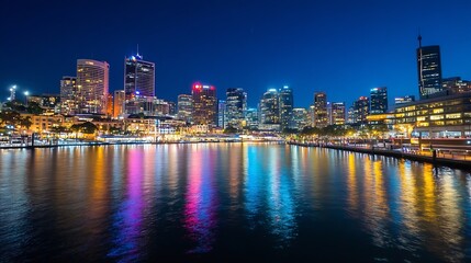 Obraz premium Vibrant Sydney City Skyline at Night with Colorful Reflections on Water : Generative AI