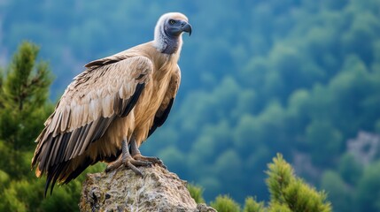 A Griffon vulture perched alone on a cliffside in Gredos, its proud stance and sharp features contrasting with the wild scenery.