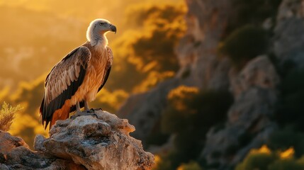 A Griffon vulture standing majestically on a rocky outcrop in Gredos, its striking features highlighted by golden sunlight.