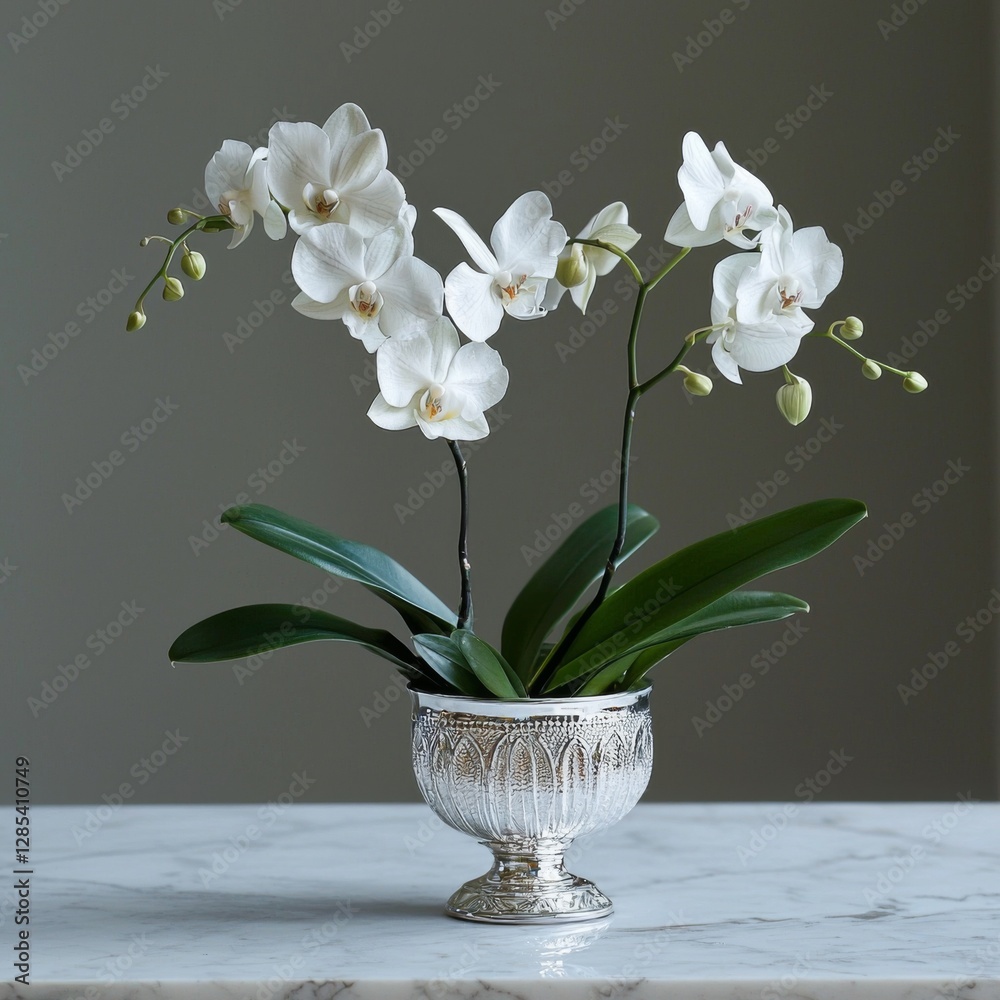 Poster a small, elegant silver vase with intricate details, filled with delicate orchids