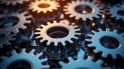 Close-up of interconnected metal gears symbolizing teamwork efficiency and precision Dark gray metallic gears interlock in a complex system representing industry mechanics synergy and collaboration
