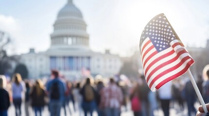 American flag waving proudly in front of the US Capitol surrounded by a vibrant crowd : Generative AI