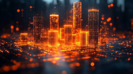 Naklejka premium A futuristic neon hologram interface displays a conceptual blueprint for modern residential construction, symbolizing innovation, smart technology, and the future of urban architecture