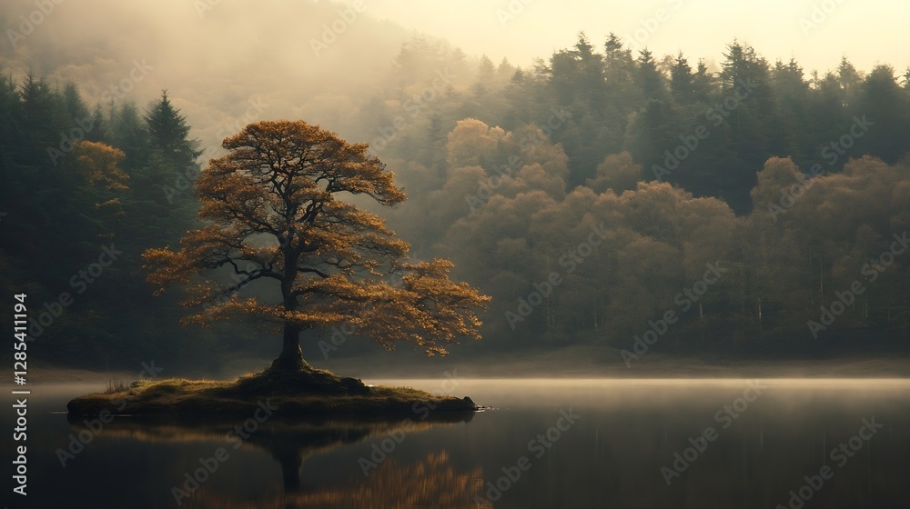 Aufkleber lone tree on an island in a misty lake surrounded by autumn forest scenery : generative ai