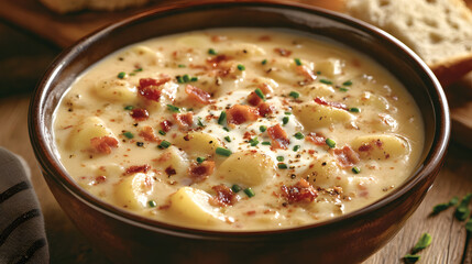 Creamy potato soup topped with crispy bacon and fresh chives, served in a rustic bowl, offers a comforting and flavorful culinary experience for a cold day.