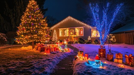 A house decorated for a Nativity party with a Christmas tree, glowing lights, and presents, creating a warm and welcoming atmosphere.