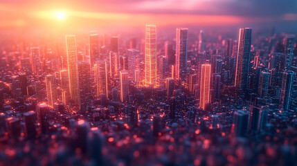 Fototapeta premium A futuristic neon hologram interface displays a conceptual blueprint for modern residential construction, symbolizing innovation, smart technology, and the future of urban architecture