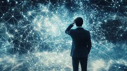 Obraz premium Navigating the Digital Maze: A Businessman Contemplates the Complexities of a Networked World